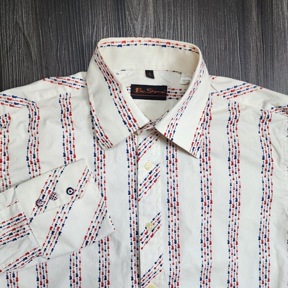 Ben Sherman Vintage Mens Medium Guitar Design Long Sleeve Button Down Shirt Rare - Picture 1 of 7